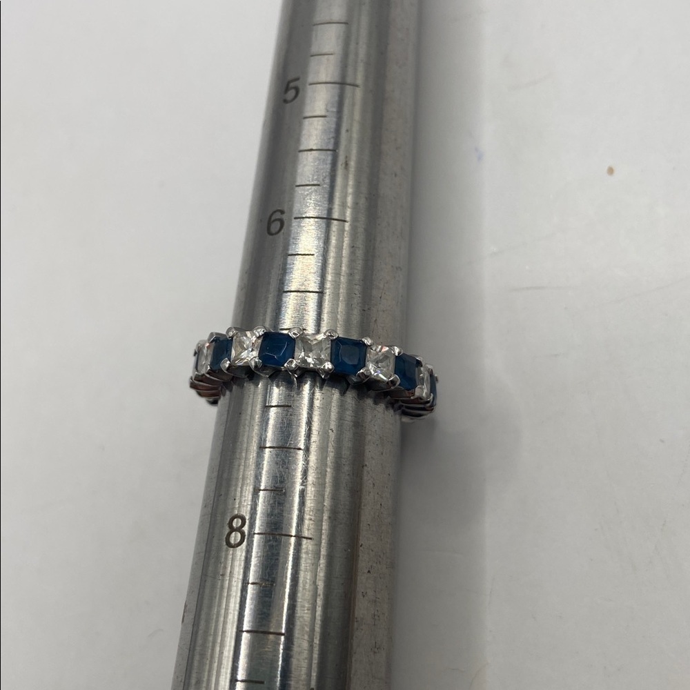 Sterling Silver Princess Cut Simulated Sapphire & Diamond Eternity Band Ring 7 - Picture 8 of 9